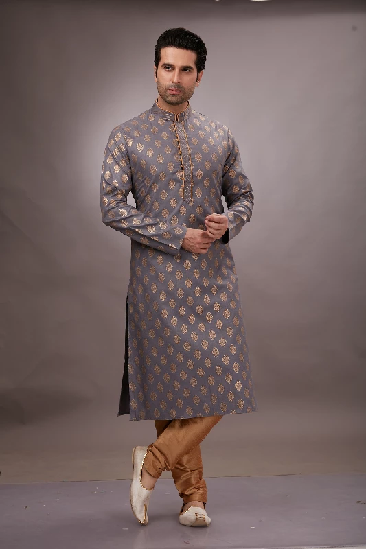 Foil Printed Cotton Kurta Set in Grey