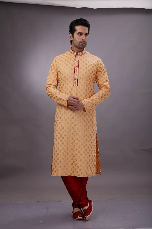 Foil Printed Cotton Kurta Set in Light Orange