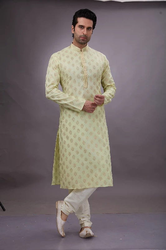 Foil Printed Cotton Kurta Set in Light Yellow