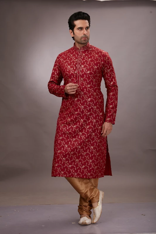 Foil Printed Cotton Kurta Set in Maroon