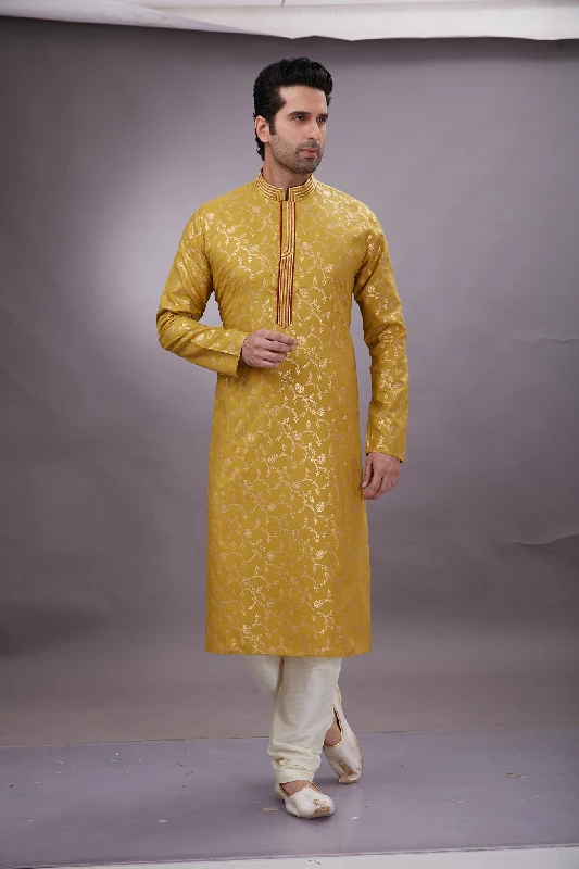 Foil Printed Cotton Kurta Set in Mustard