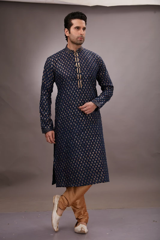 Foil Printed Cotton Kurta Set in Navy Blue