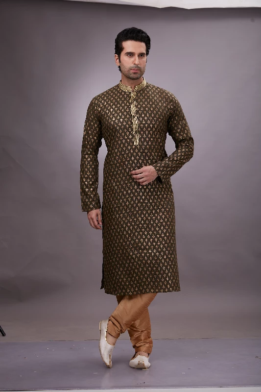 Foil Printed Cotton Kurta Set in Olive Green