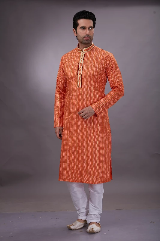 Foil Printed Cotton Kurta Set in Orange