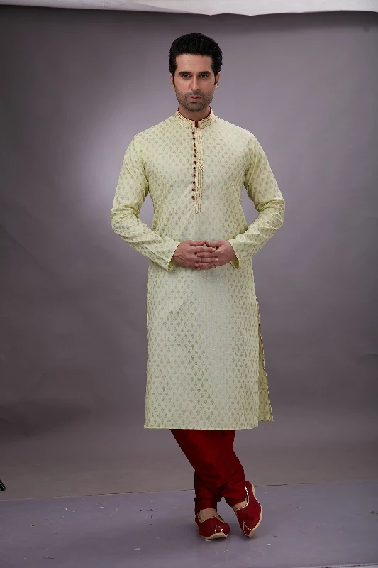 Foil Printed Cotton Kurta Set in Pastel Green