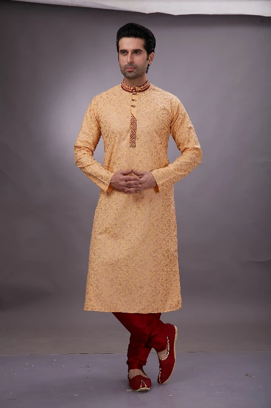 Foil Printed Cotton Kurta Set in Peach