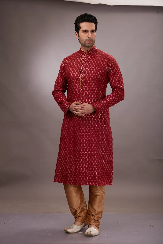 Foil Printed Cotton Kurta Set in Red