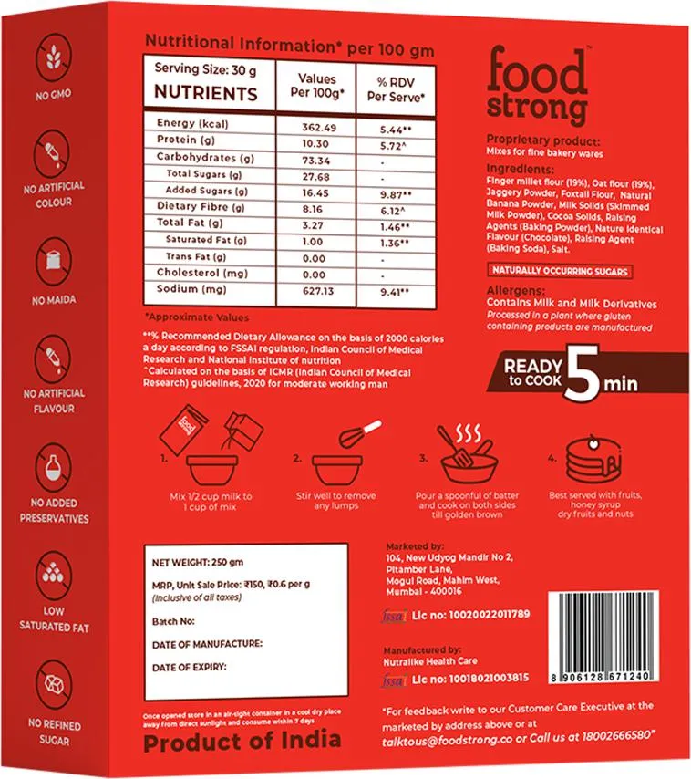 Foodstrong Oats & Millet Pancake Mix - Chocolate Banana, Made With Jaggery, Rich In Fibre - Image 2