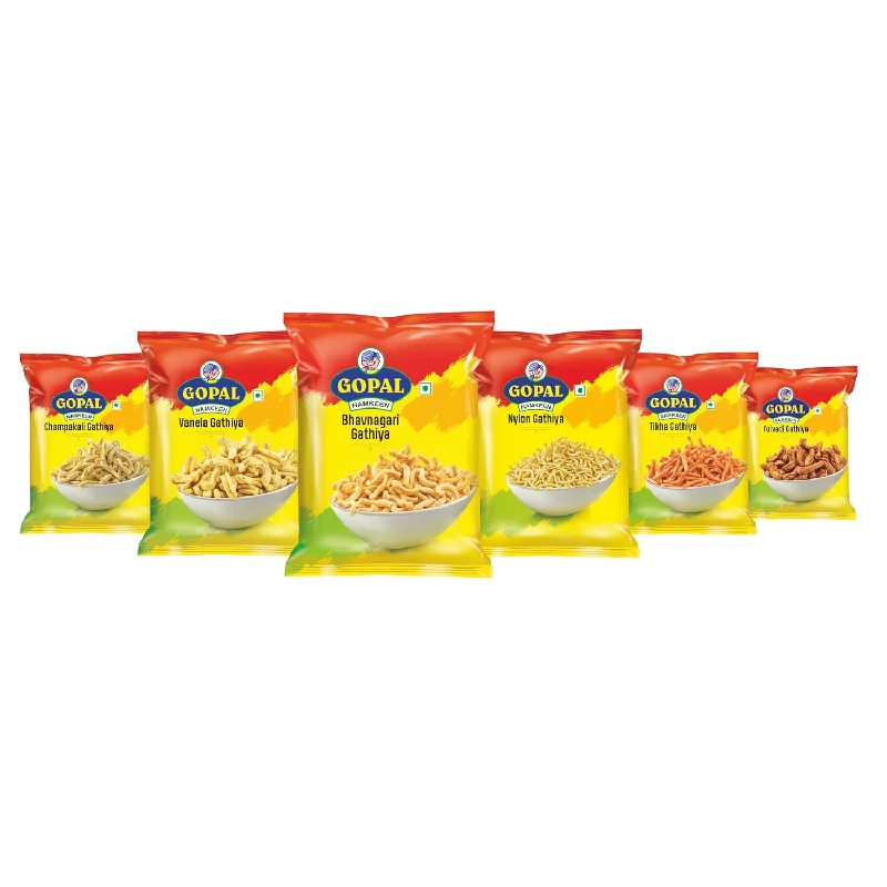 Gopal Namkeen Gathiya Combo of Vanela Gathiya, Fulvadi Gathiya, Bhavnagari Gathiya, Nylon Gathiya, Tikha Gathiya and Champakali Gathiya Gopal Namkeen Gathiya Combo of Vanela Gathiya, Fulvadi Gathiya, Bhavnagari Gathiya, Nylon Gathiya, Tikha Gathiya and Champakali Gathiya-Pack Size-Combo of 6