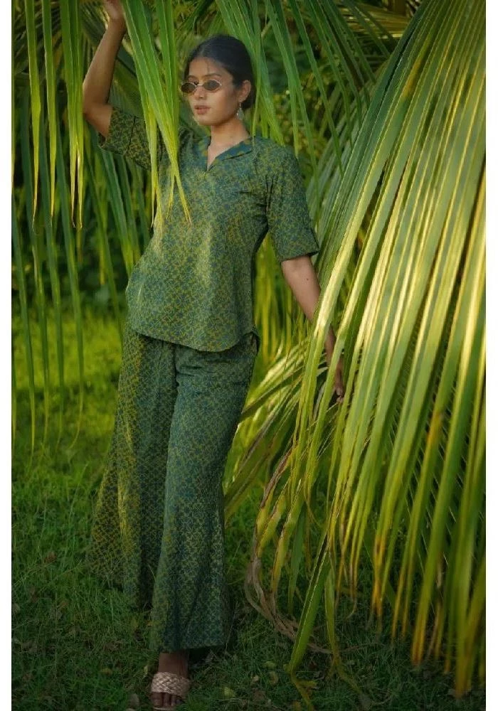 Green Ajrakh Hand-Block Printed Cotton Handloom Culottes