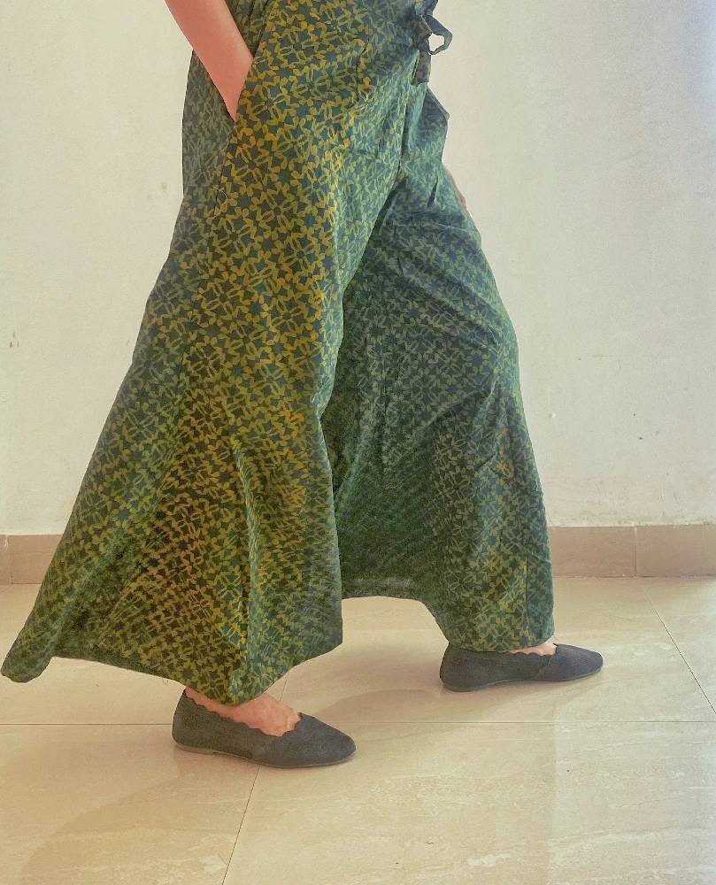 Green Ajrakh Hand-Block Printed Cotton Handloom Culottes - Image 3