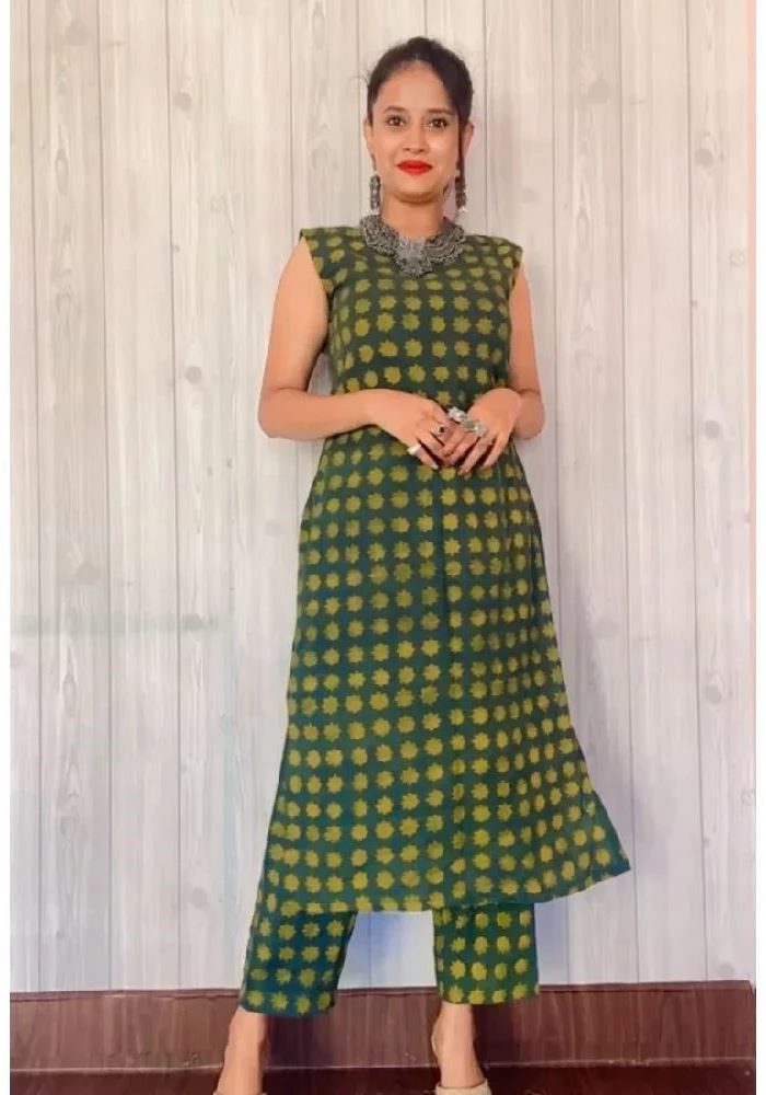 Green Cigarette Pants with Ajrakh Hand-Block Print