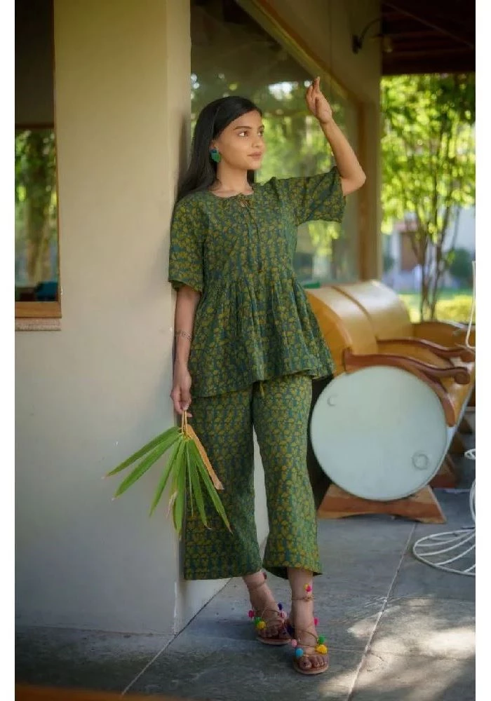 Green Cotton Culottes with Ajrakh Hand-Block Prints