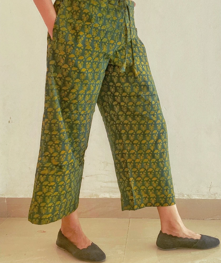 Green Cotton Culottes with Ajrakh Hand-Block Prints - Image 2