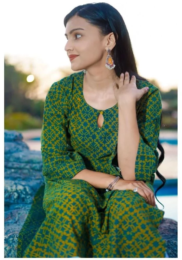Green Cotton Kurti with Ajrakh Hand Block-Printed