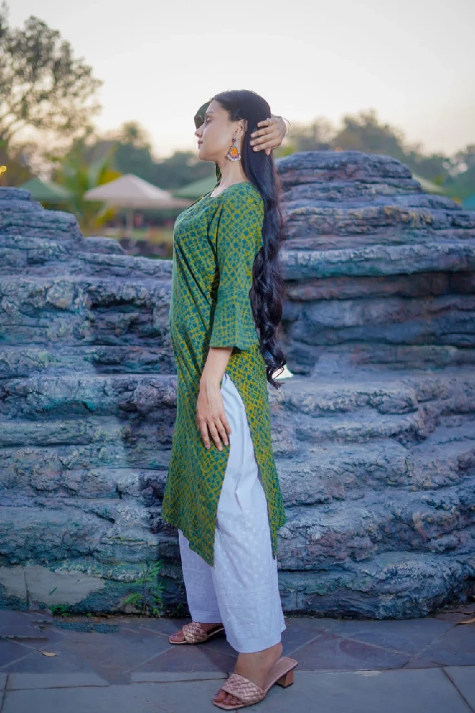 Green Cotton Kurti with Ajrakh Hand Block-Printed - Image 2