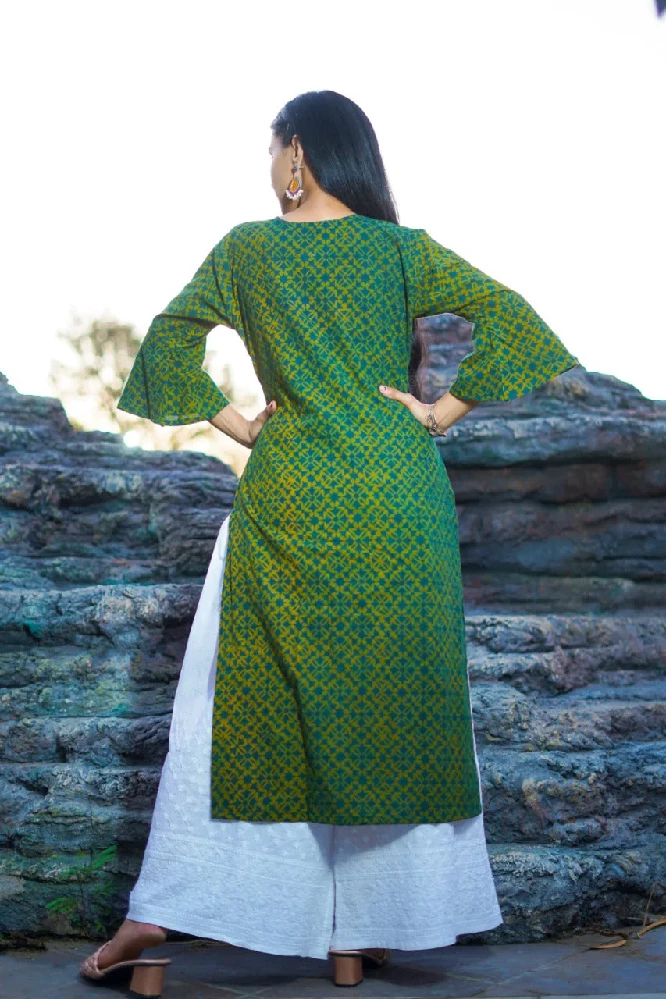 Green Cotton Kurti with Ajrakh Hand Block-Printed - Image 3