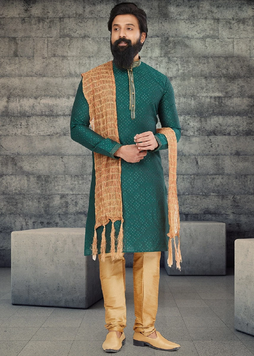 Green Kurta Pajama In Jacquard - Image 1
