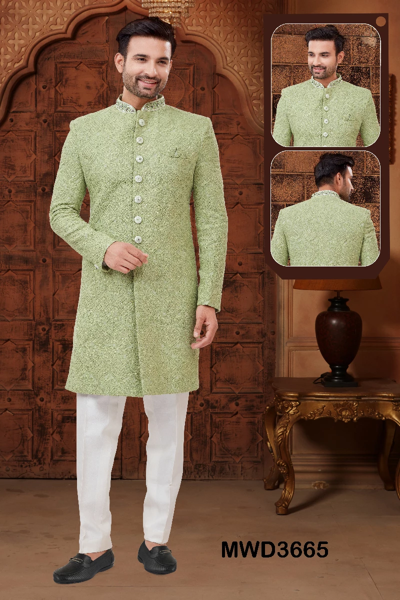 Green Readymade Art Silk Sherwani With Chikankari Work - Image 1