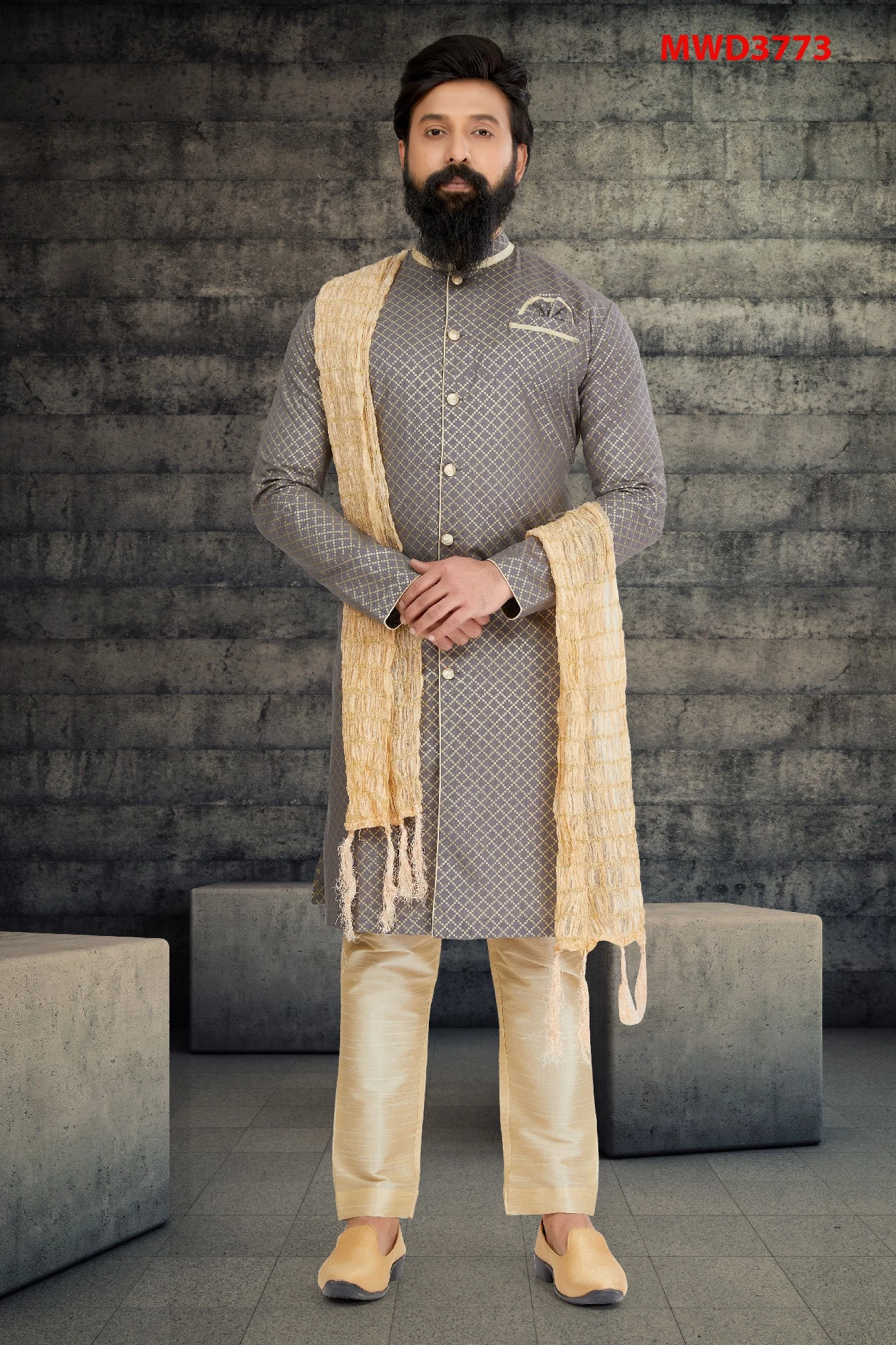 Grey Printed Mens Indo Western Sherwani - Image 1