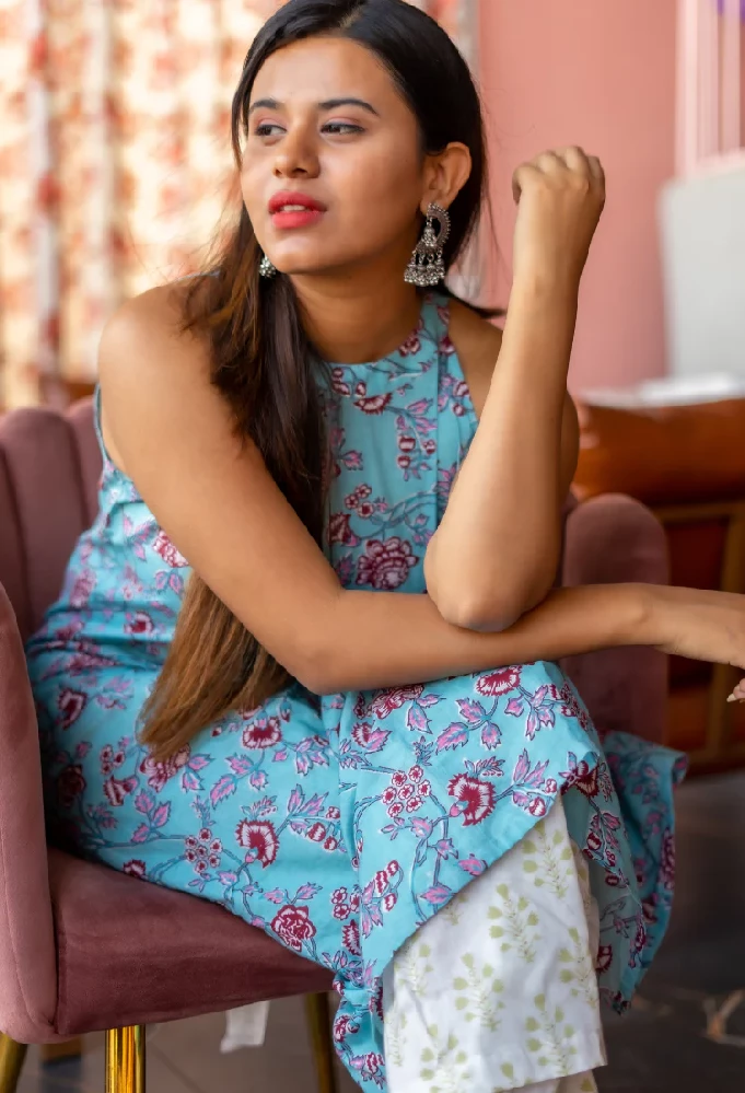 Halter Neck Flowery Baby Blue Kurti with White Sanganeri Palazzo. - Image 2