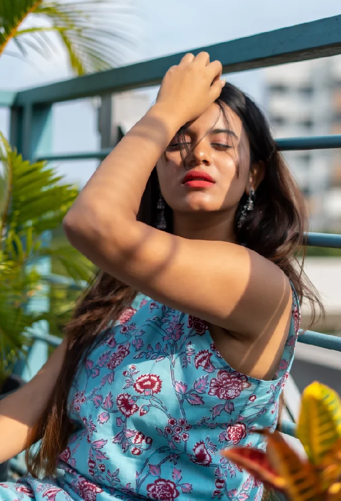 Halter Neck Flowery Baby Blue Kurti with White Sanganeri Palazzo. - Image 5