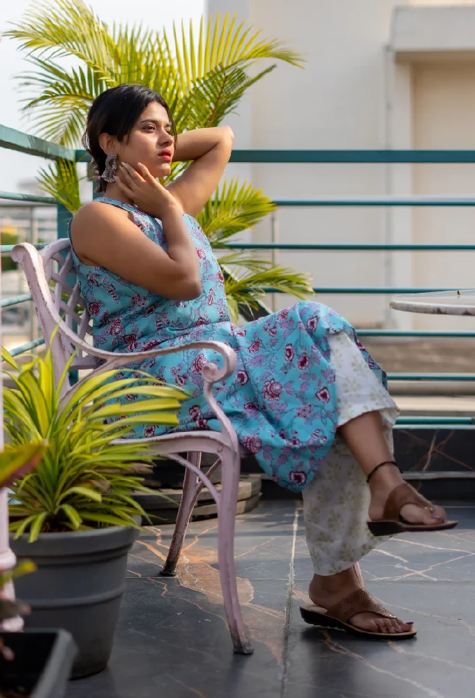 Halter Neck Flowery Baby Blue Kurti with White Sanganeri Palazzo. - Image 6