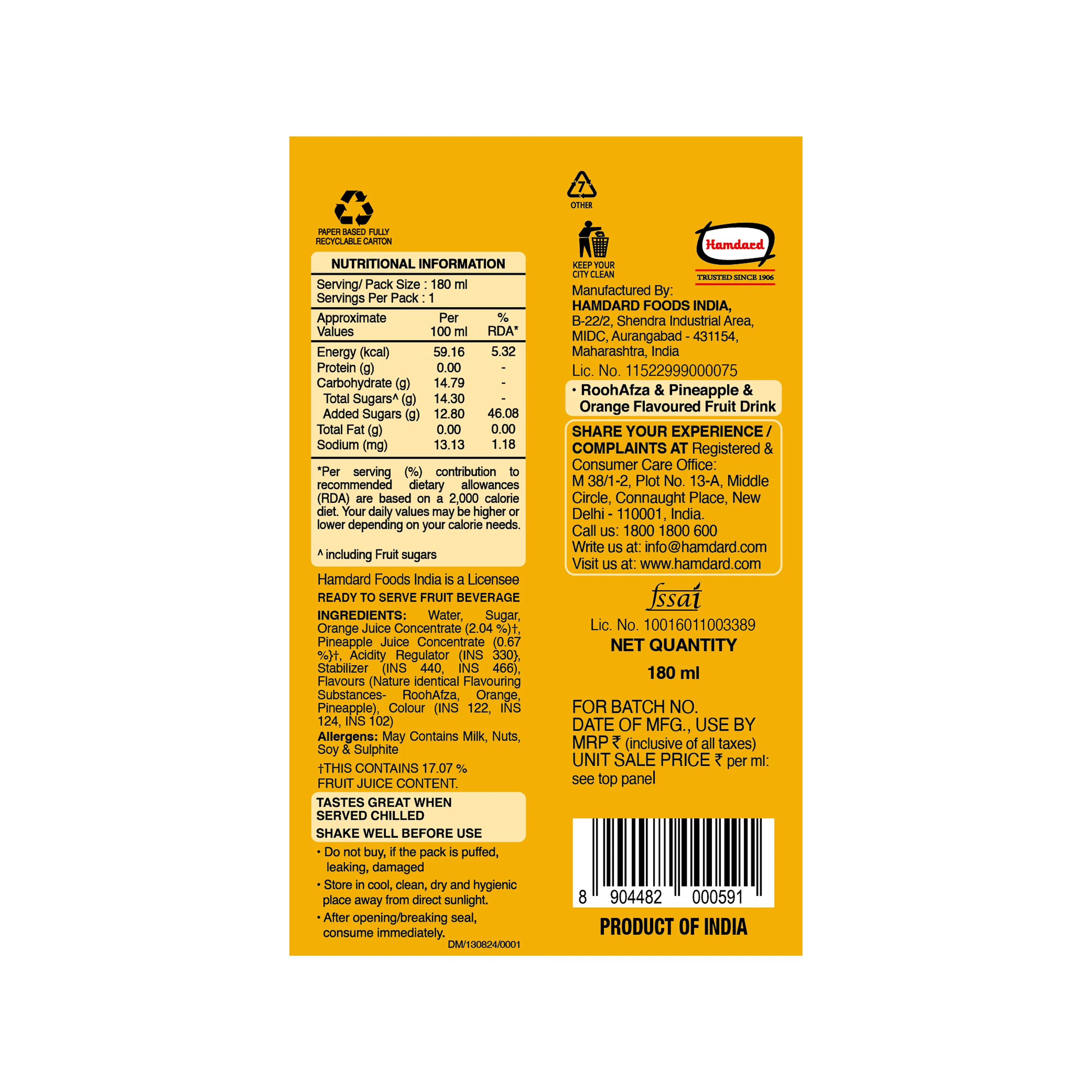Hamdard Rooh Afza Fusion Pineapple & Orange - Image 2