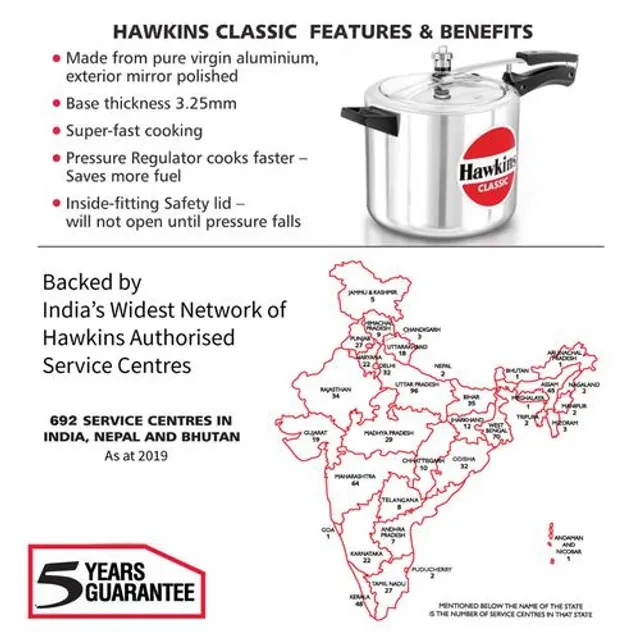 Hawkins Classic Aluminium Inner Lid Pressure Cooker - With Handle, Silver, CL65 - Image 4