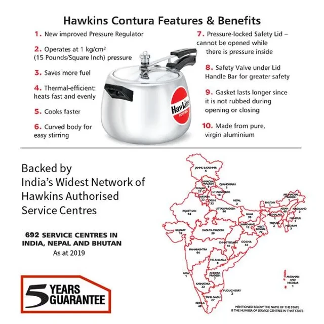 Hawkins Contura Aluminium Inner Lid Pressure Cooker - With Handle, Silver, HC65 - Image 4