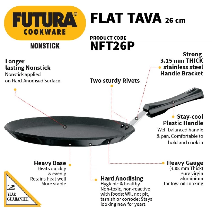 Hawkins Futura 26 cm Flat Tava, Non Stick Tawa with Plastic Handle, Tawa with Rim, Pancake Pan, Flat Pan, Black (NFT26P) - Image 2
