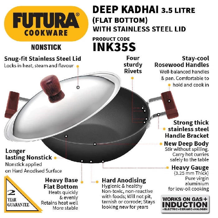 Hawkins Futura 3.5 Litre Deep Kadhai, Non Stick Kadai with Stainless Steel Lid, Flat Bottom Induction Kadhai, Black (INK35S) - Image 2