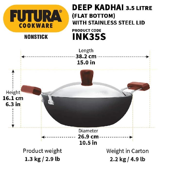 Hawkins Futura 3.5 Litre Deep Kadhai, Non Stick Kadai with Stainless Steel Lid, Flat Bottom Induction Kadhai, Black (INK35S) - Image 3
