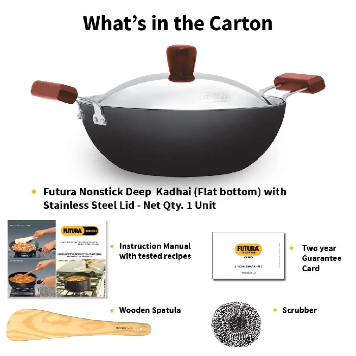 Hawkins Futura 3.5 Litre Deep Kadhai, Non Stick Kadai with Stainless Steel Lid, Flat Bottom Induction Kadhai, Black (INK35S) - Image 6