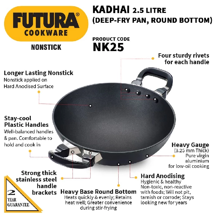 Hawkins Futura Deep Fry Pan, Non Stick Kadai, Round Bottom Kadhai, Black (NK25) - Image 2