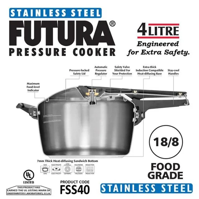 Hawkins Futura Stainless Steel Inner Lid Pressure Cooker - Induction Base Silver, FSS40 - Image 3