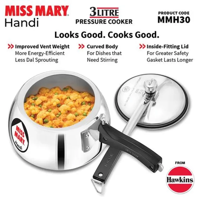 Hawkins Miss Mary Aluminium Inner Lid Handi Pressure Cooker - With Handle, Silver, MMH30 - Image 2
