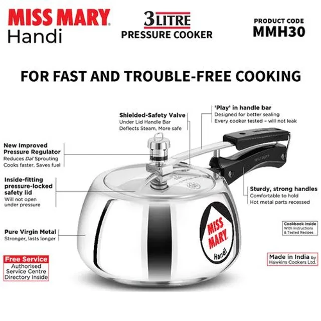 Hawkins Miss Mary Aluminium Inner Lid Handi Pressure Cooker - With Handle, Silver, MMH30 - Image 5