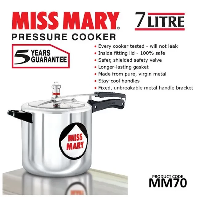 Hawkins Miss Mary Aluminium Inner Lid Pressure Cooker - With Handle, Silver, MM70 - Image 6