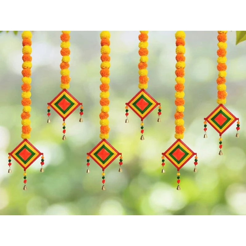 JH Gallery Handmade Artificial Marigold Fluffy Flowers Colorful Woolen Kite Bells Hangings for Home Decor - Image 2
