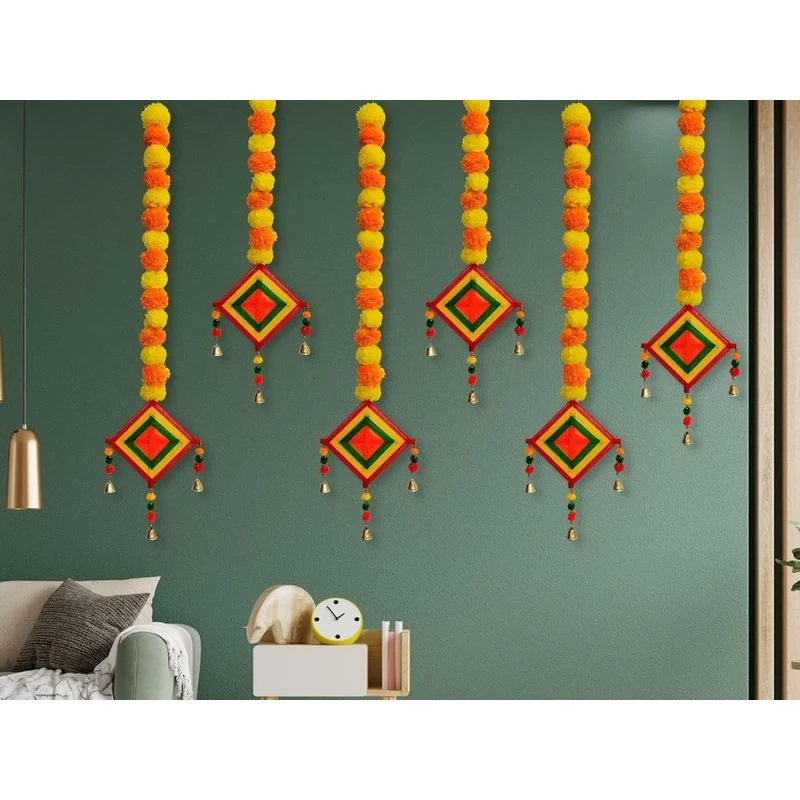 JH Gallery Handmade Artificial Marigold Fluffy Flowers Colorful Woolen Kite Bells Hangings for Home Decor - Image 3
