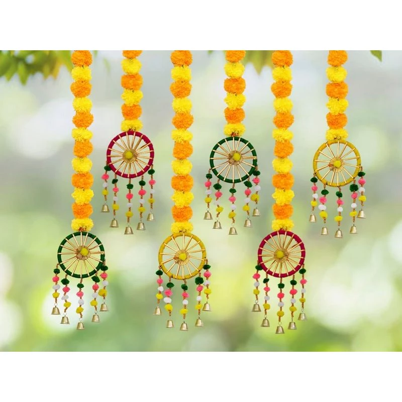 JH Gallery Handmade Artificial Marigold Fluffy Flowers with Ring Bell Hanging Latkan Toran for Home Festival JH Gallery Handmade Artificial Marigold Fluffy Flowers with Ring Bell Hanging Latkan Toran for Home Festival-Pack Size-Pack of 6