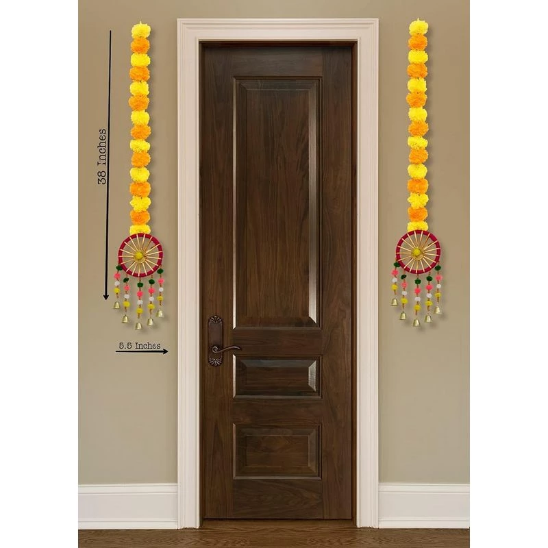 JH Gallery Handmade Artificial Marigold Fluffy Flowers with Ring Bell Hanging Latkan Toran for Home Festival - Image 2