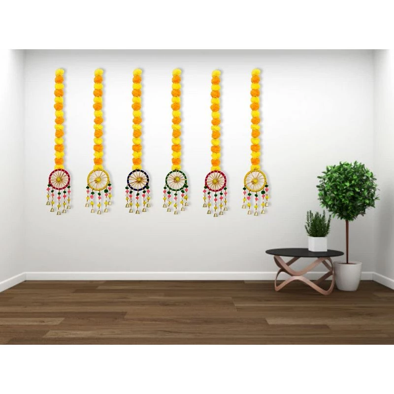 JH Gallery Handmade Artificial Marigold Fluffy Flowers with Ring Bell Hanging Latkan Toran for Home Festival - Image 3