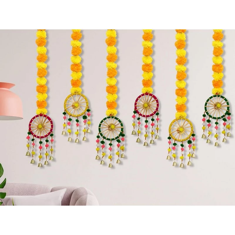 JH Gallery Handmade Artificial Marigold Fluffy Flowers with Ring Bell Hanging Latkan Toran for Home Festival - Image 4