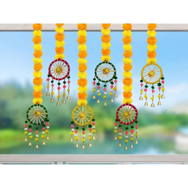 JH Gallery Handmade Artificial Marigold Fluffy Flowers with Ring Bell Hanging Latkan Toran for Home Festival - Image 6