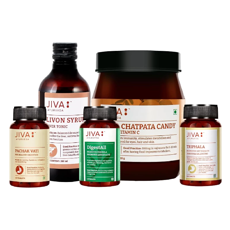 Jiva Ayurveda Livon Syrup 200ml, Pachak Vati 120 Tablets, Digestall 120 Tablets, Amla Chatpata Candy 400gm & Triphala 120 Tablets