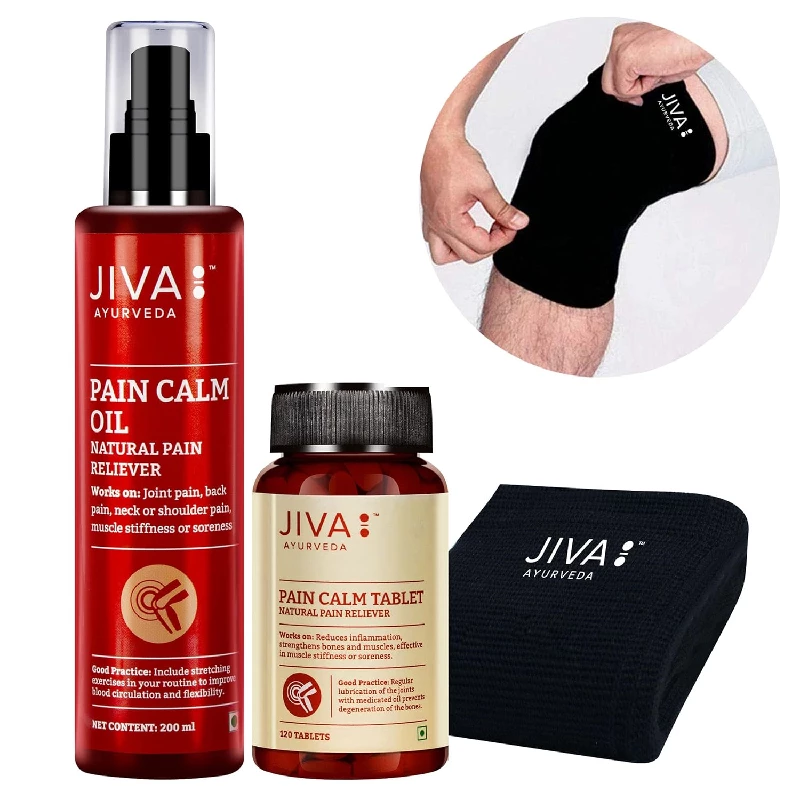 Jiva Ayurveds Combo of Pain Calm Oil (200 ml) & Pain Calm Tablet 120 Tablets With Free Knee Cap - Image 2