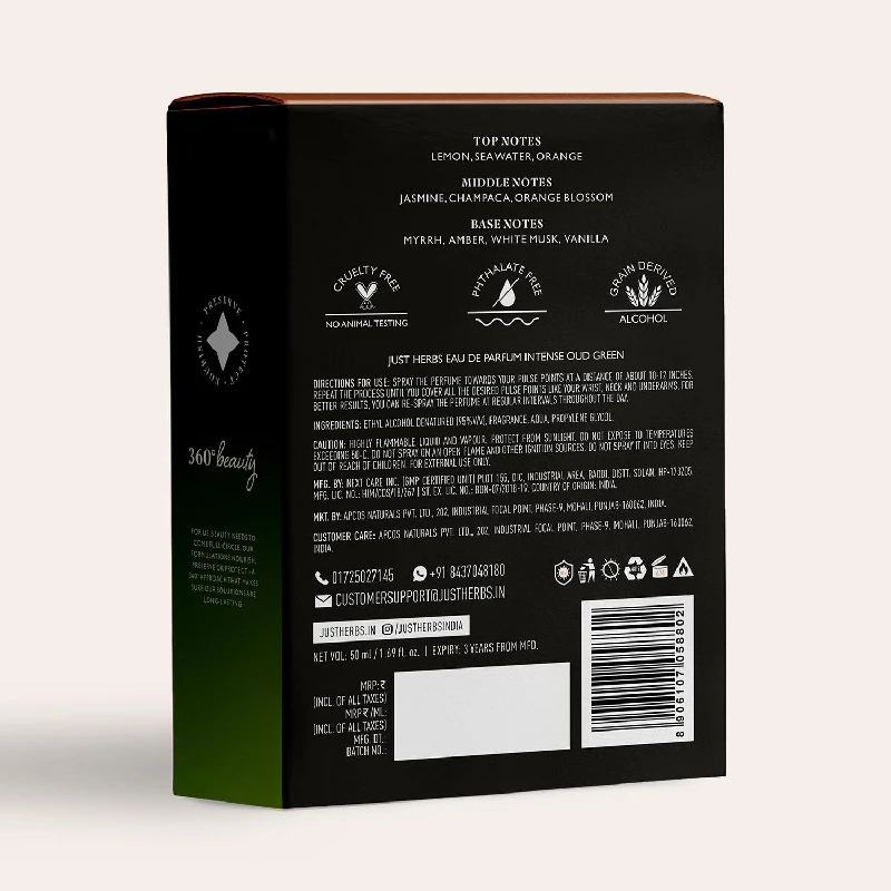 Just Herbs Intense Oud Green EDP Perfume Spray for Men Long Lasting Fragrance - Image 9