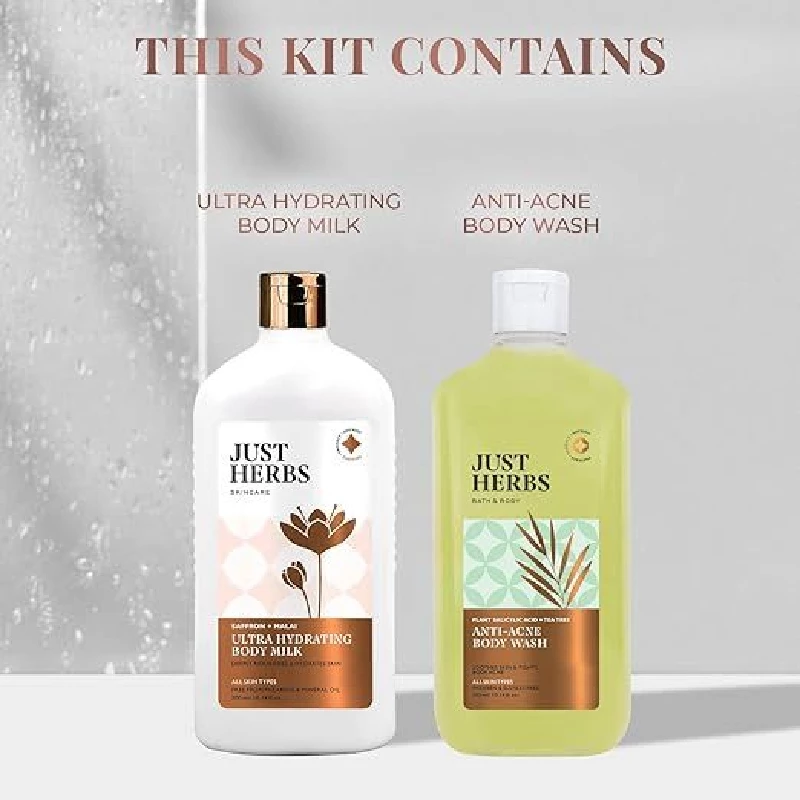 Just Herbs Saffron Malai Body Milk And Salicylic Body Wash, Acne Control Body Hydraclean Kit - Image 4